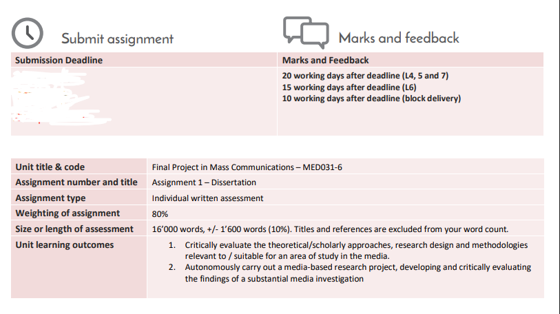 MED031-6 Final Project in Mass Communications Assignment 1 Brief | University of Bedfordshire