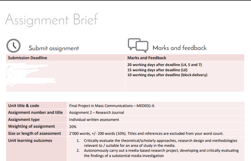 MED031-6 Final Project in Mass Communications Assignment 2 Brief | University of Bedfordshire