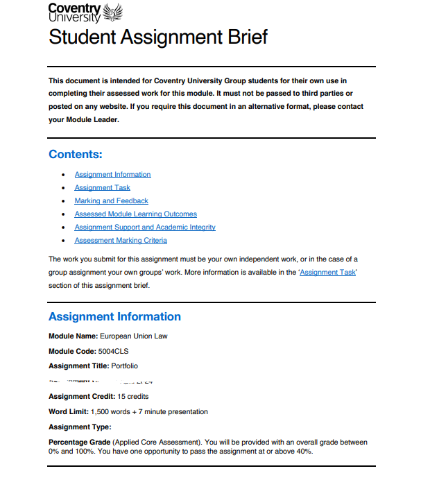 5004CLS European Union Law Assignment Brief