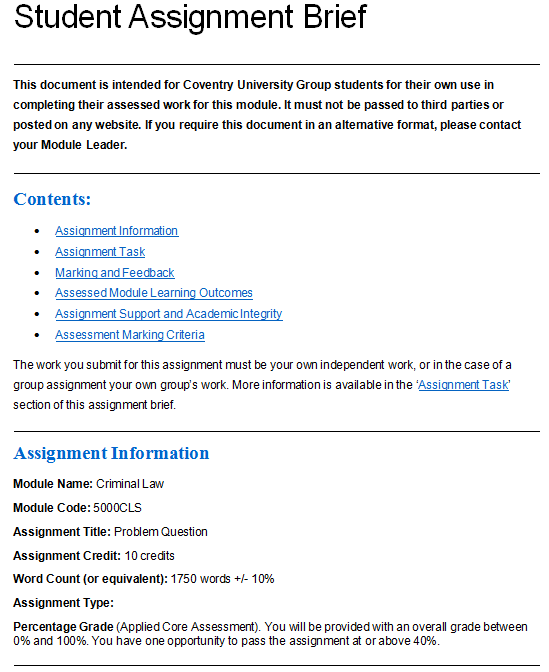 5000CLS Criminal Law CW2 Assignment Brief 