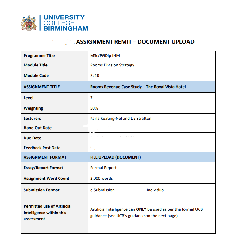 STCW 2210 Rooms Division Strategy Assignment Brief  2025-26 | UCB