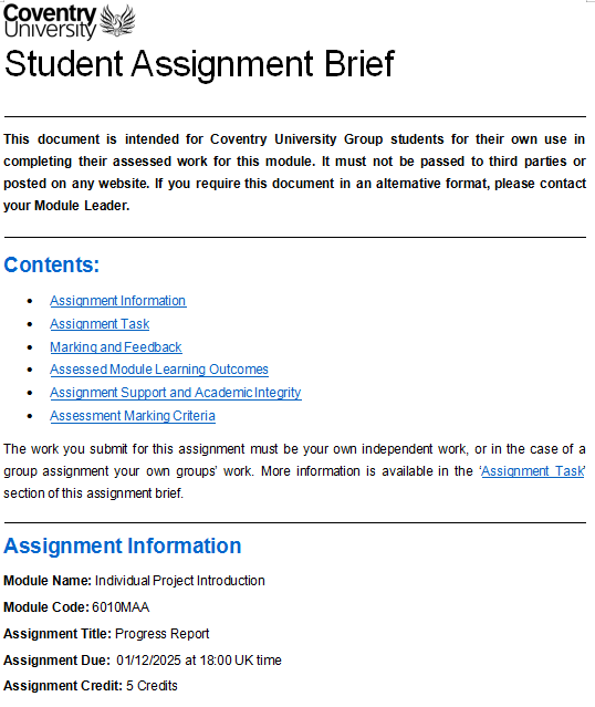 6010MAA Individual Project Introduction CW2 Assignment Brief
