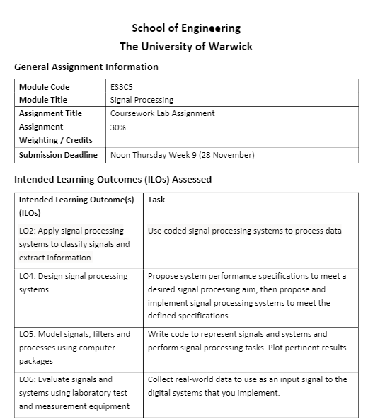 ES3C5: Signal Processing Coursework Lab Assignment Brief