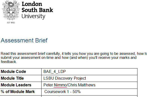 BAE_4_LDP LSBU Discovery Project Assessment Brief