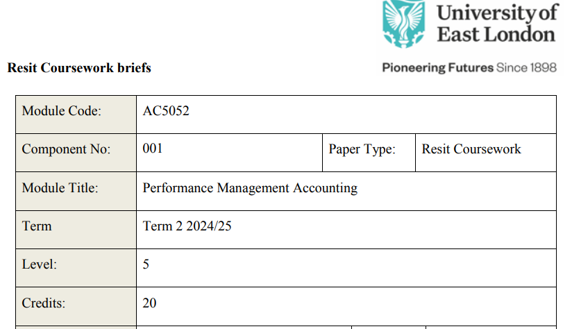 AC5052 Performance Management Accounting Resit Coursework Brief