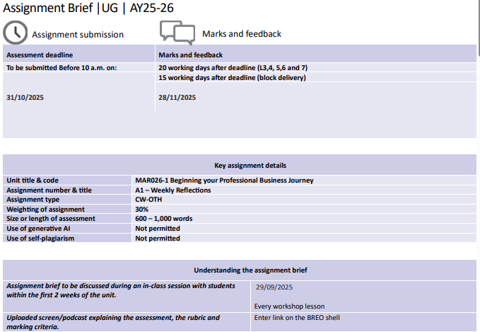MAR026-1 Beginning your Professional Business Journey Assignment 1 Brief 2025-26 | UoB