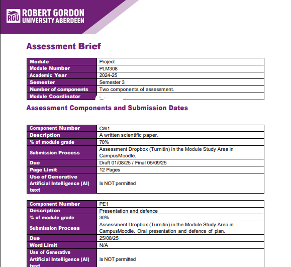 PLM308 MSc Project Assessment Brief Semester 3 2024-25 | RGU