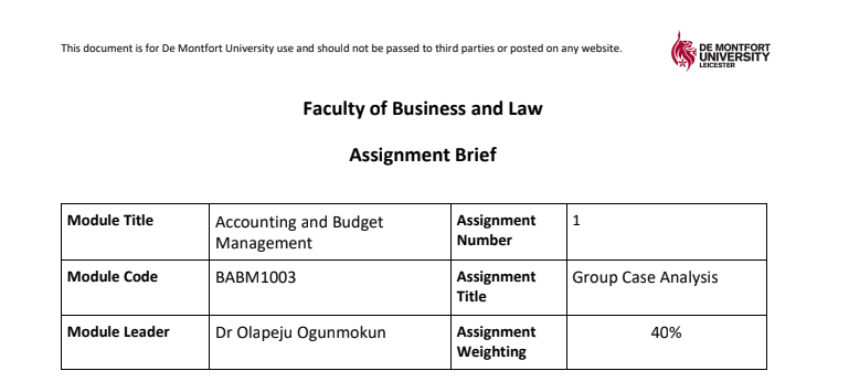 BABM1003 Accounting and Budget Management Assignment 1 DMU 