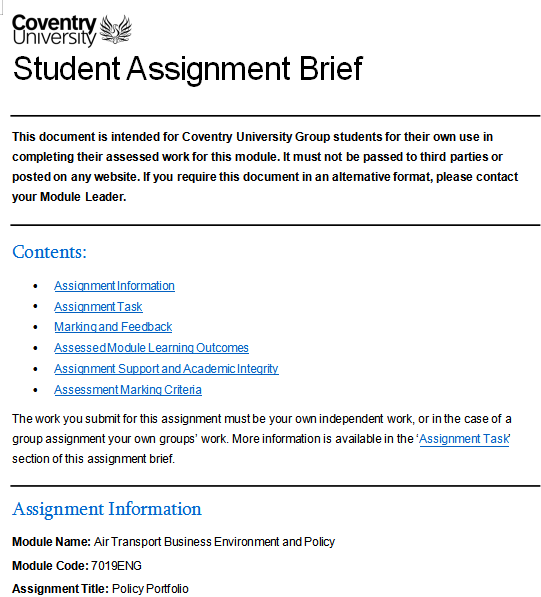 7019ENG Air Transport Business Environment and Policy Assignment Briefc 7019ENG Air Transport Business Environment and Policy Assignment Brief Coventry University