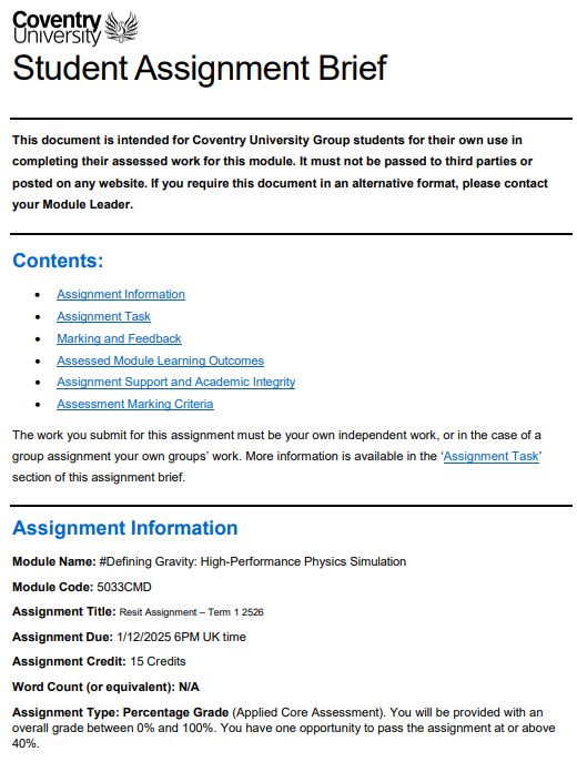 5033CMD CWK Resit Assignment Brief – Term 1 2025-26 | CU 5033CMD #Defining Gravity: High-Performance Physics Simulation CWK Resit Assignment