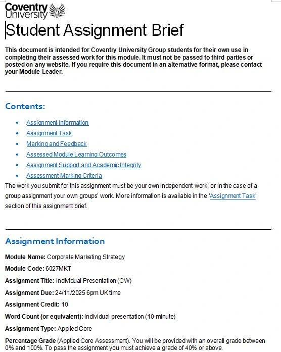 6027MKT CW2 Assignment Brief 6027MKT Corporate Marketing Strategy CW2 Assignment Brief | Coventry University