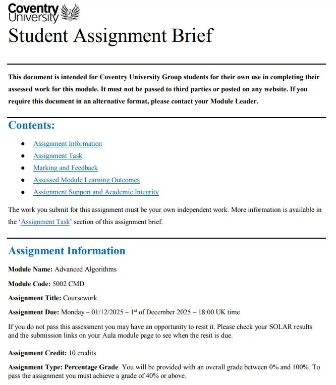5002 CMD Advanced Algorithms Assignment Brief