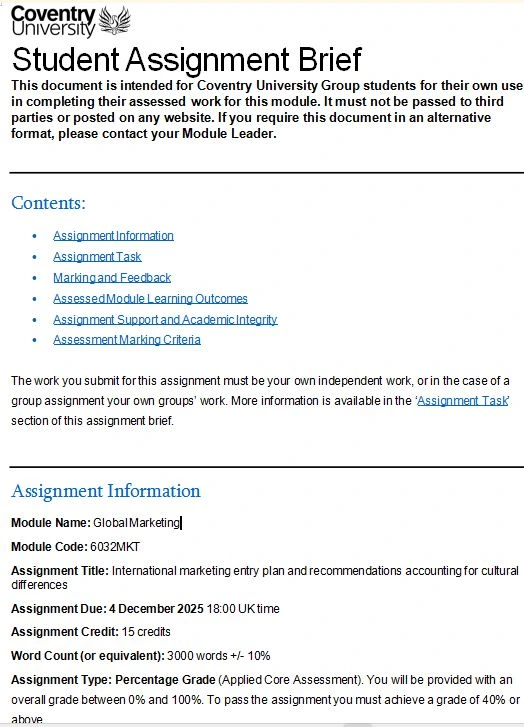 6032MKT Global Marketing CW2 Assignment Brief | CU