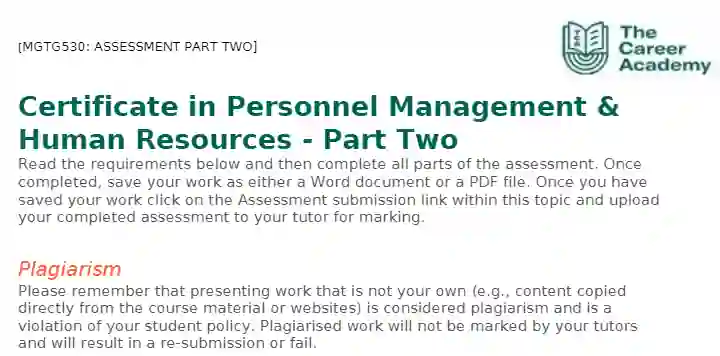 MGTG530 Certificate in Personnel Management & Human Resources Assessment