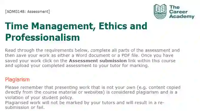 ADMG148 - Time Management, Ethics and Professionalism Assessment