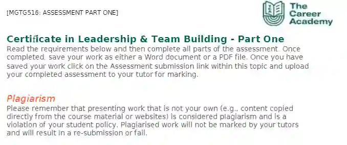 MGTG516 Assessment: Certificate in Leadership & Team Building - Part One