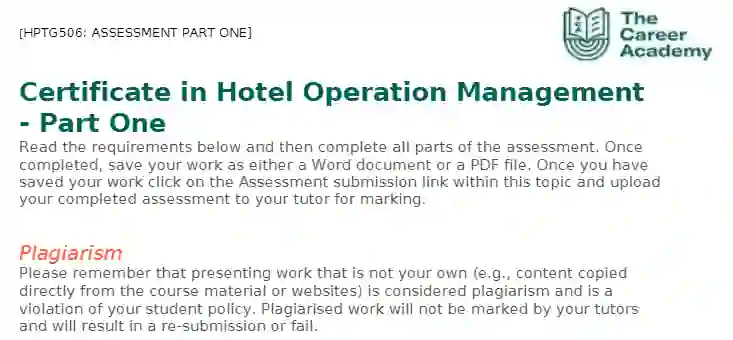 HPTG506 Assessment Part One - Certificate in Hotel Operations Management