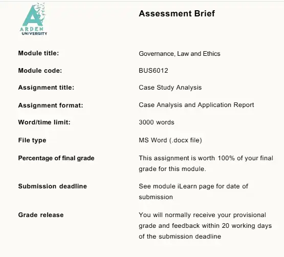 BUS6012 Governance, Law and Ethics Assessment Brief BUS6012 Governance, Law and Ethics Assessment Brief