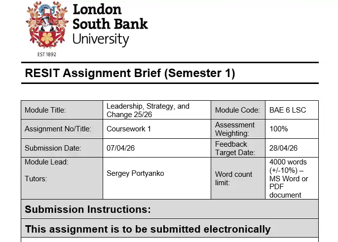BAE 6 LSC RESIT Assignment Brief Semester 1 LSBU