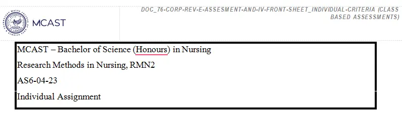 MCAST &ndash; Bachelor of Science (Honours) in Nursing Research Methods in Nursing, RMN2 AS6-04-23 Individual Assignment