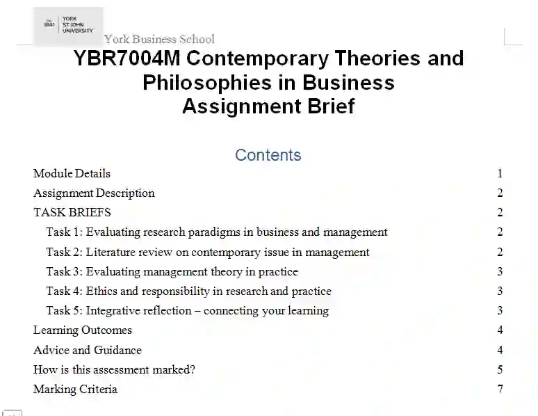 YBR7004M Contemporary Theories and Philosophies in Business Assignment Brief | YSJU