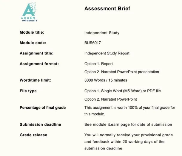 BUS6017 Independent Study Assessment Brief Arden Uni